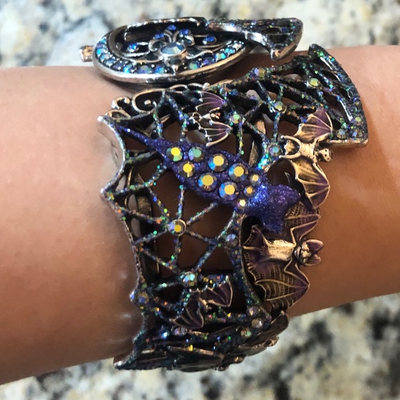 Kirks Folly Jewelry - *RARE* Kirks Folly Bat Cuff Bracelet!  Purple bats, rhinestones, flowers, moon